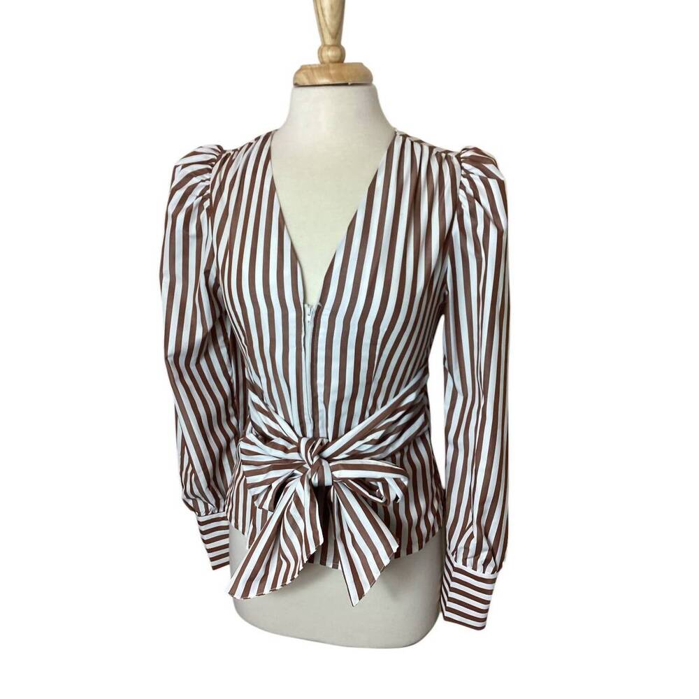 NEW TEA & CUP women's striped tie waist zip front puff sleeve blouse in brown/wh